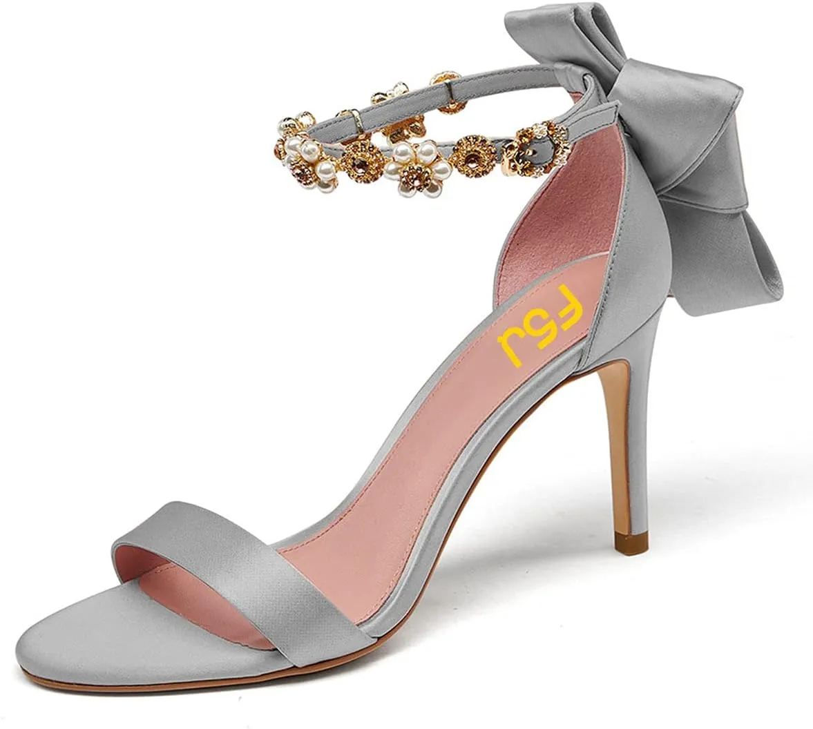 FSJ Women Single Band Open Toe Ankle Strap Crystal Rhinestone Stiletto Mid Heel Sandals Wedding Bow Shoes Pearl Flower Adjustable Buckle Bridal Satin Evening Party Prom Dress