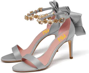 FSJ Women Single Band Open Toe Ankle Strap Crystal Rhinestone Stiletto Mid Heel Sandals Wedding Bow Shoes Pearl Flower Adjustable Buckle Bridal Satin Evening Party Prom Dress