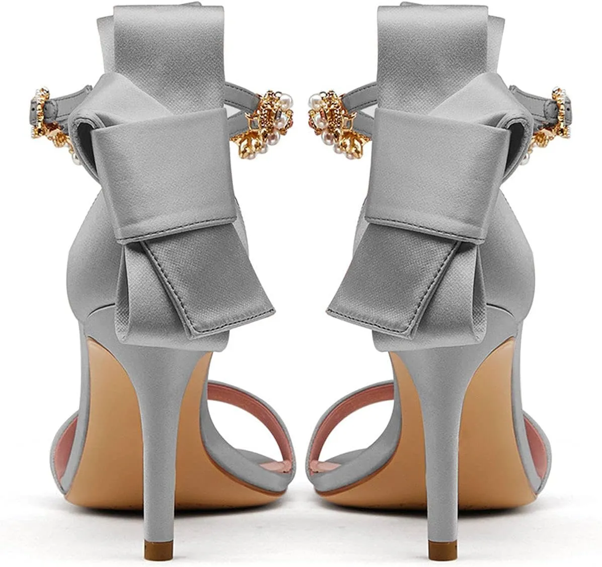 FSJ Women Single Band Open Toe Ankle Strap Crystal Rhinestone Stiletto Mid Heel Sandals Wedding Bow Shoes Pearl Flower Adjustable Buckle Bridal Satin Evening Party Prom Dress