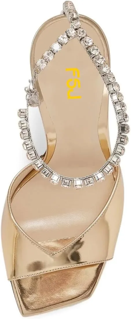 FSJ Women Square Open Toe Heeled Sandals Crystal Chain Ankle Strap Pumps Rhinestone Buckle Jewel Chunky High Heels Party Bridal Shoes Size 4-16 US