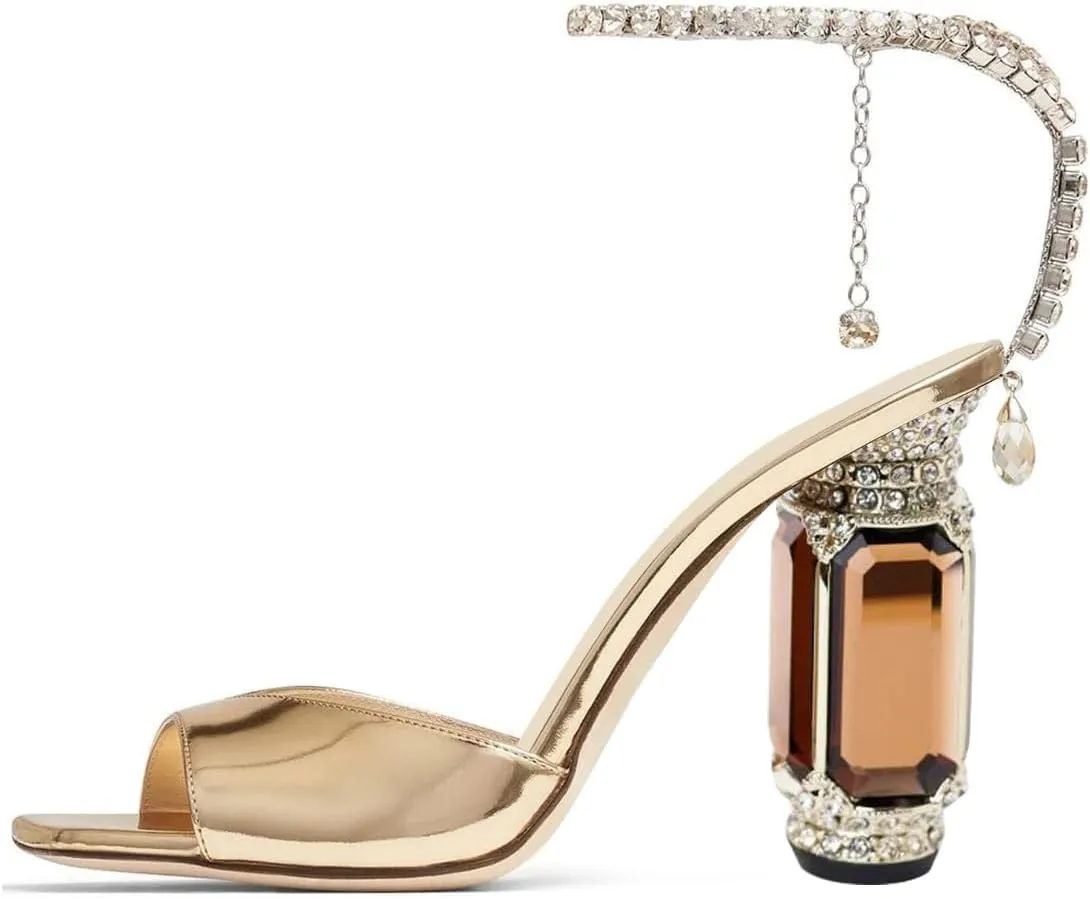 FSJ Women Square Open Toe Heeled Sandals Crystal Chain Ankle Strap Pumps Rhinestone Buckle Jewel Chunky High Heels Party Bridal Shoes Size 4-16 US