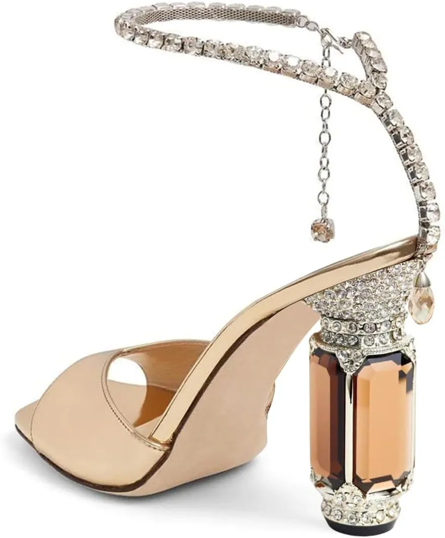 FSJ Women Square Open Toe Heeled Sandals Crystal Chain Ankle Strap Pumps Rhinestone Buckle Jewel Chunky High Heels Party Bridal Shoes Size 4-16 US