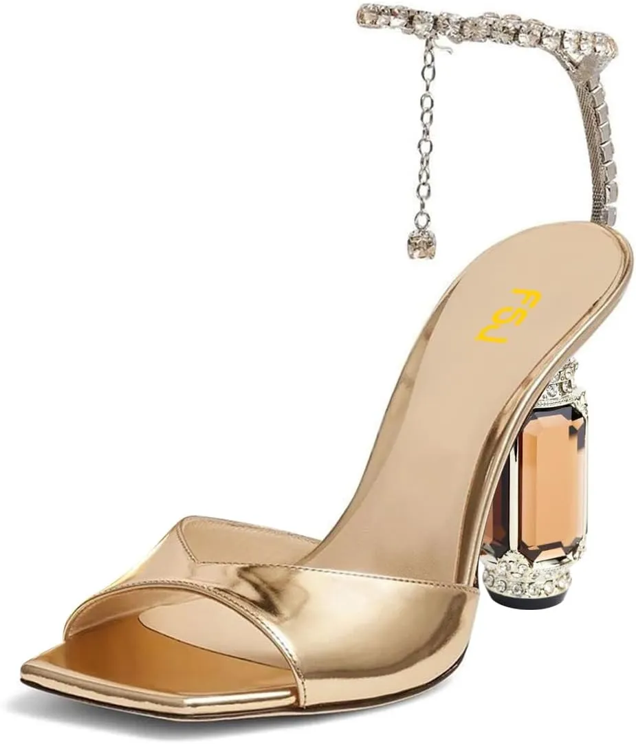FSJ Women Square Open Toe Heeled Sandals Crystal Chain Ankle Strap Pumps Rhinestone Buckle Jewel Chunky High Heels Party Bridal Shoes Size 4-16 US