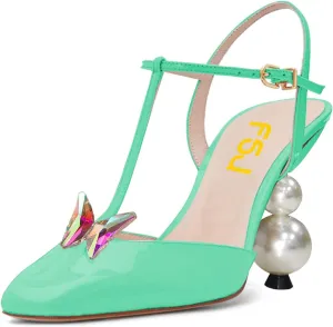 FSJ Women T-Strap Pearls Beaded High Heel Sandals Closed Toe Ankle Strap Buckle Crystal Butterfly Party Evening Dress Pumps Shoes Size 4-15 US