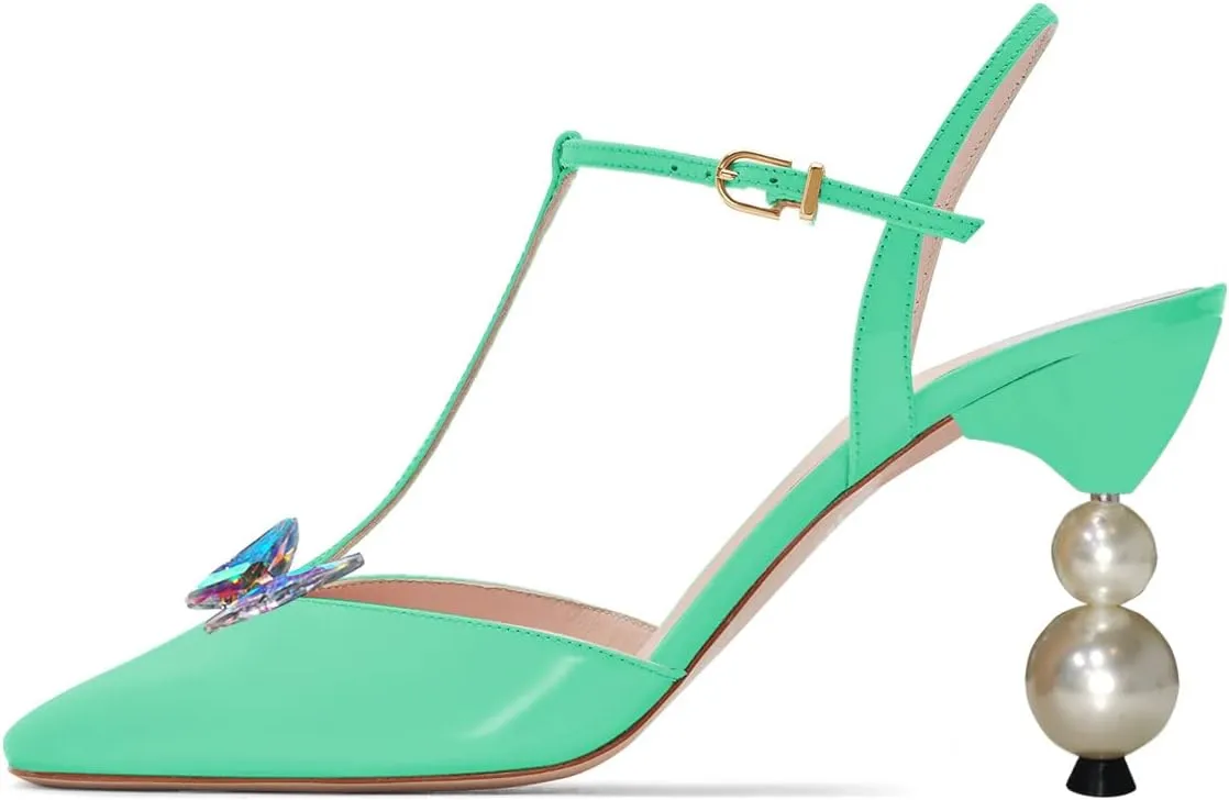 FSJ Women T-Strap Pearls Beaded High Heel Sandals Closed Toe Ankle Strap Buckle Crystal Butterfly Party Evening Dress Pumps Shoes Size 4-15 US