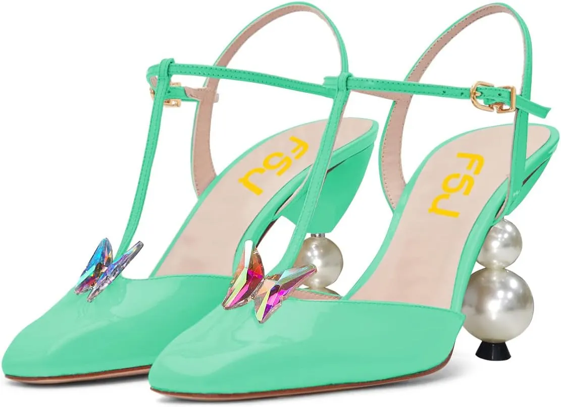 FSJ Women T-Strap Pearls Beaded High Heel Sandals Closed Toe Ankle Strap Buckle Crystal Butterfly Party Evening Dress Pumps Shoes Size 4-15 US