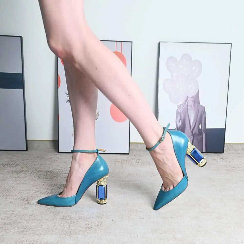 FSJ Women's Comfortable Block High Heels Pointed Toe Rhinestone Pumps Ankle Strap Leather Ladies Party Dress Shoes Size 4-15 Us