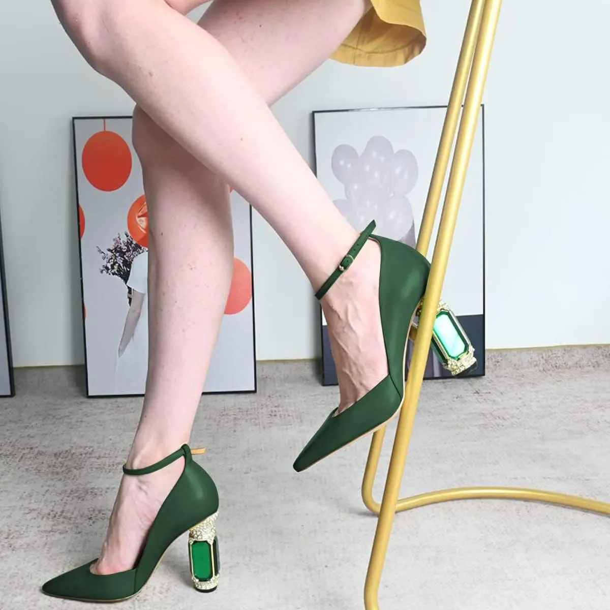 FSJ Women's Comfortable Block High Heels Pointed Toe Rhinestone Pumps Ankle Strap Leather Ladies Party Dress Shoes Size 4-15 Us