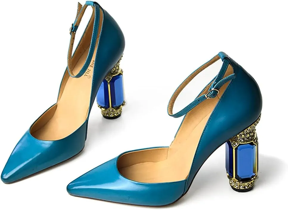 FSJ Women's Comfortable Block High Heels Pointed Toe Rhinestone Pumps Ankle Strap Leather Ladies Party Dress Shoes Size 4-15 Us