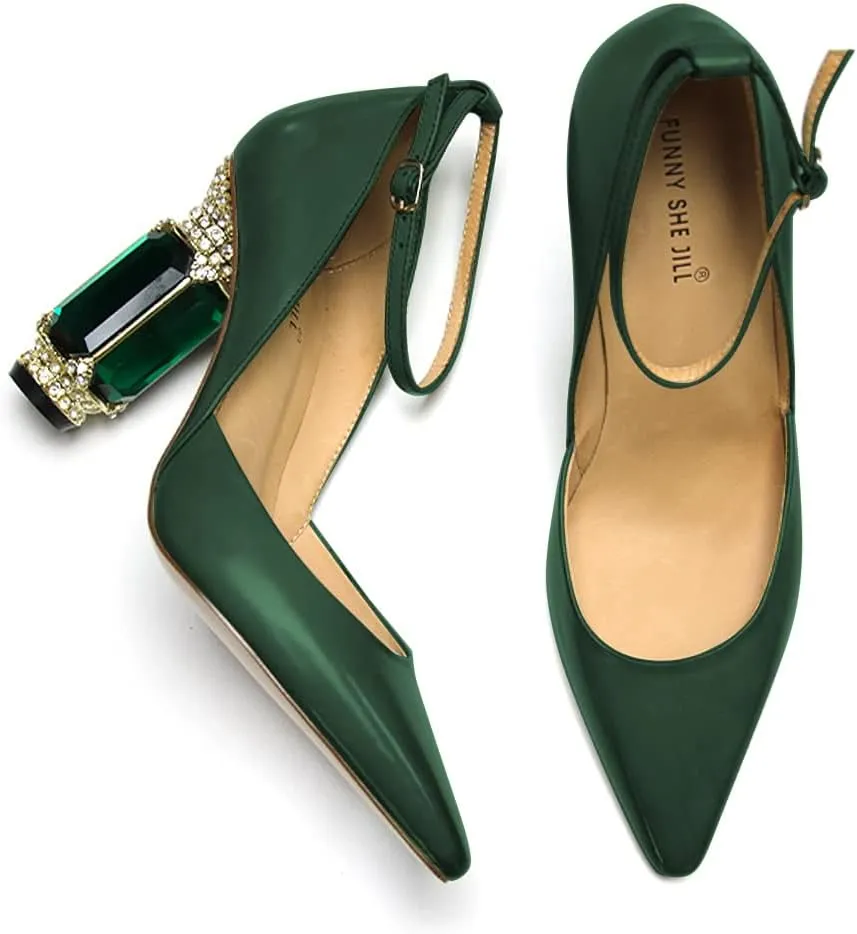 FSJ Women's Comfortable Block High Heels Pointed Toe Rhinestone Pumps Ankle Strap Leather Ladies Party Dress Shoes Size 4-15 Us