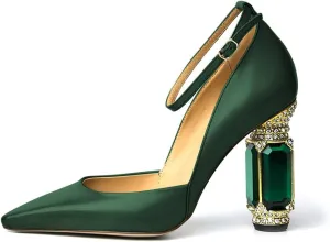 FSJ Women's Comfortable Block High Heels Pointed Toe Rhinestone Pumps Ankle Strap Leather Ladies Party Dress Shoes Size 4-15 Us
