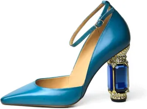 FSJ Women's Comfortable Block High Heels Pointed Toe Rhinestone Pumps Ankle Strap Leather Ladies Party Dress Shoes Size 4-15 Us