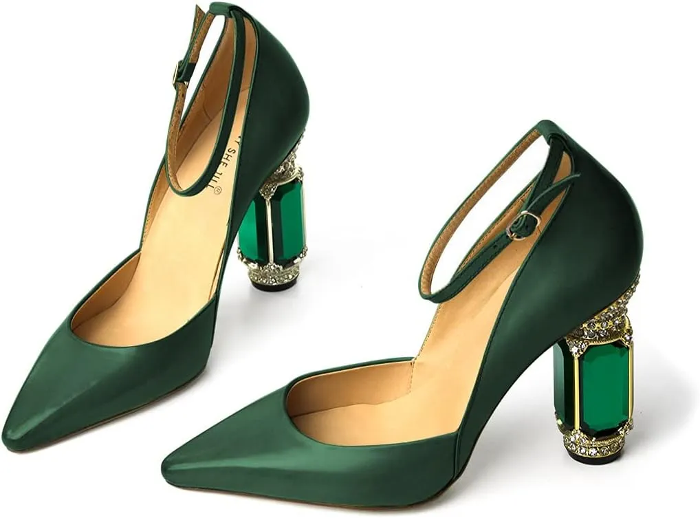 FSJ Women's Comfortable Block High Heels Pointed Toe Rhinestone Pumps Ankle Strap Leather Ladies Party Dress Shoes Size 4-15 Us