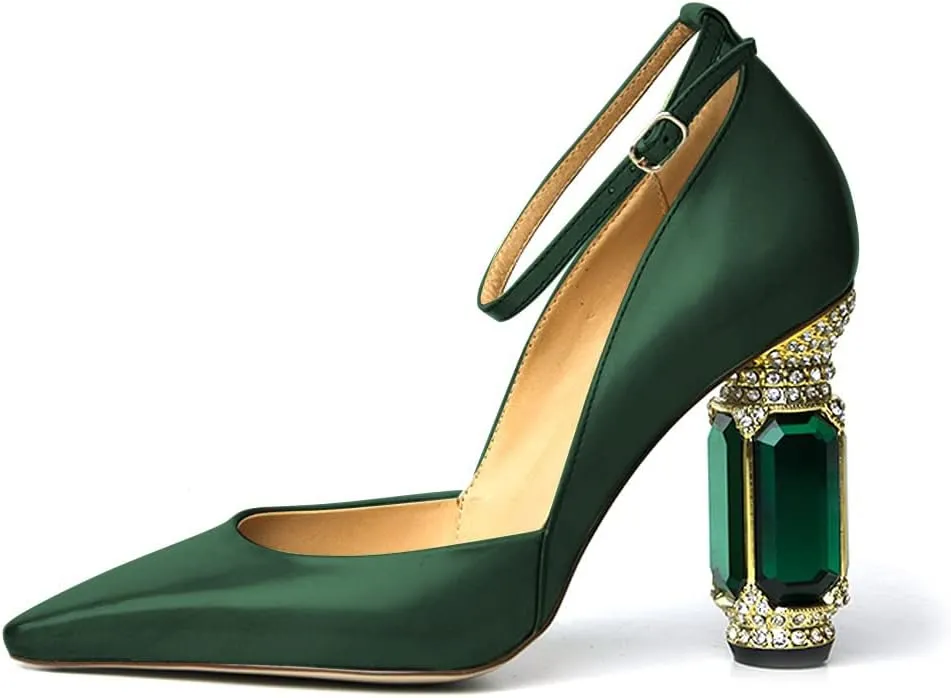 FSJ Women's Comfortable Block High Heels Pointed Toe Rhinestone Pumps Ankle Strap Leather Ladies Party Dress Shoes Size 4-15 Us