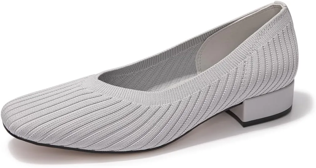 FUNKYMONEKY Women's Knit Chunky Low Heel Pumps Comfort Round Closed Toe Casual Dress Shoes