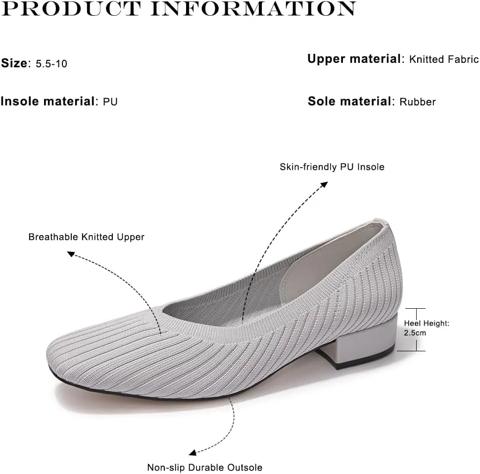 FUNKYMONEKY Women's Knit Chunky Low Heel Pumps Comfort Round Closed Toe Casual Dress Shoes