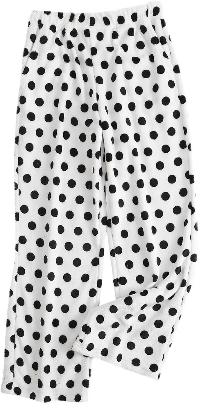 Fuzzy Flannel Pajama Pants for Women Comfy Soft Fluffy Plush Polka Dot Pj Pants High Waisted Wide Leg Lounge Pants