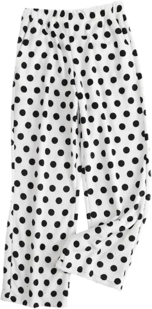 Fuzzy Flannel Pajama Pants for Women Comfy Soft Fluffy Plush Polka Dot Pj Pants High Waisted Wide Leg Lounge Pants