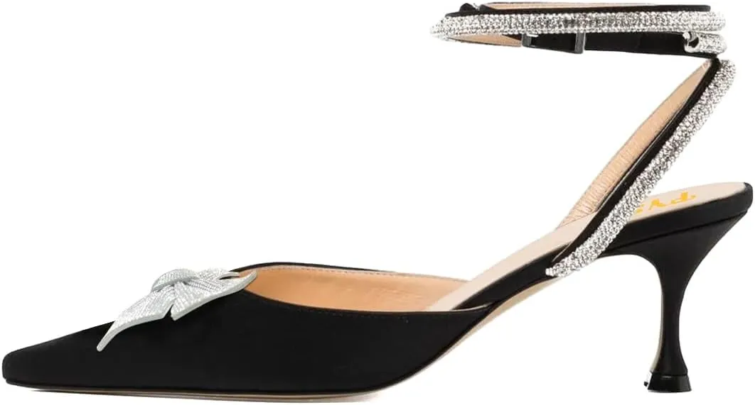 FYS Women Rhinestone Studded Pointed Toe D'Orsays Bowtie Ankle Strap Kitten Low Heel Pumps Sexy Wedding Formal Dress Shoes Size 4-16 US