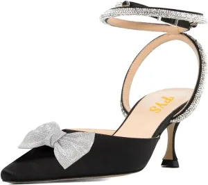 FYS Women Rhinestone Studded Pointed Toe D'Orsays Bowtie Ankle Strap Kitten Low Heel Pumps Sexy Wedding Formal Dress Shoes Size 4-16 US
