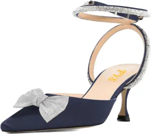 FYS Women Rhinestone Studded Pointed Toe D'Orsays Bowtie Ankle Strap Kitten Low Heel Pumps Sexy Wedding Formal Dress Shoes Size 4-16 US