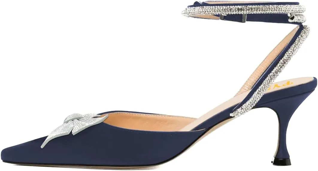 FYS Women Rhinestone Studded Pointed Toe D'Orsays Bowtie Ankle Strap Kitten Low Heel Pumps Sexy Wedding Formal Dress Shoes Size 4-16 US