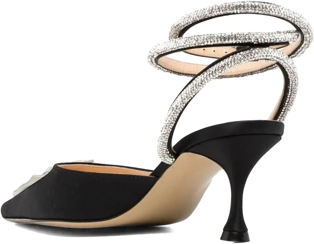 FYS Women Rhinestone Studded Pointed Toe D'Orsays Bowtie Ankle Strap Kitten Low Heel Pumps Sexy Wedding Formal Dress Shoes Size 4-16 US