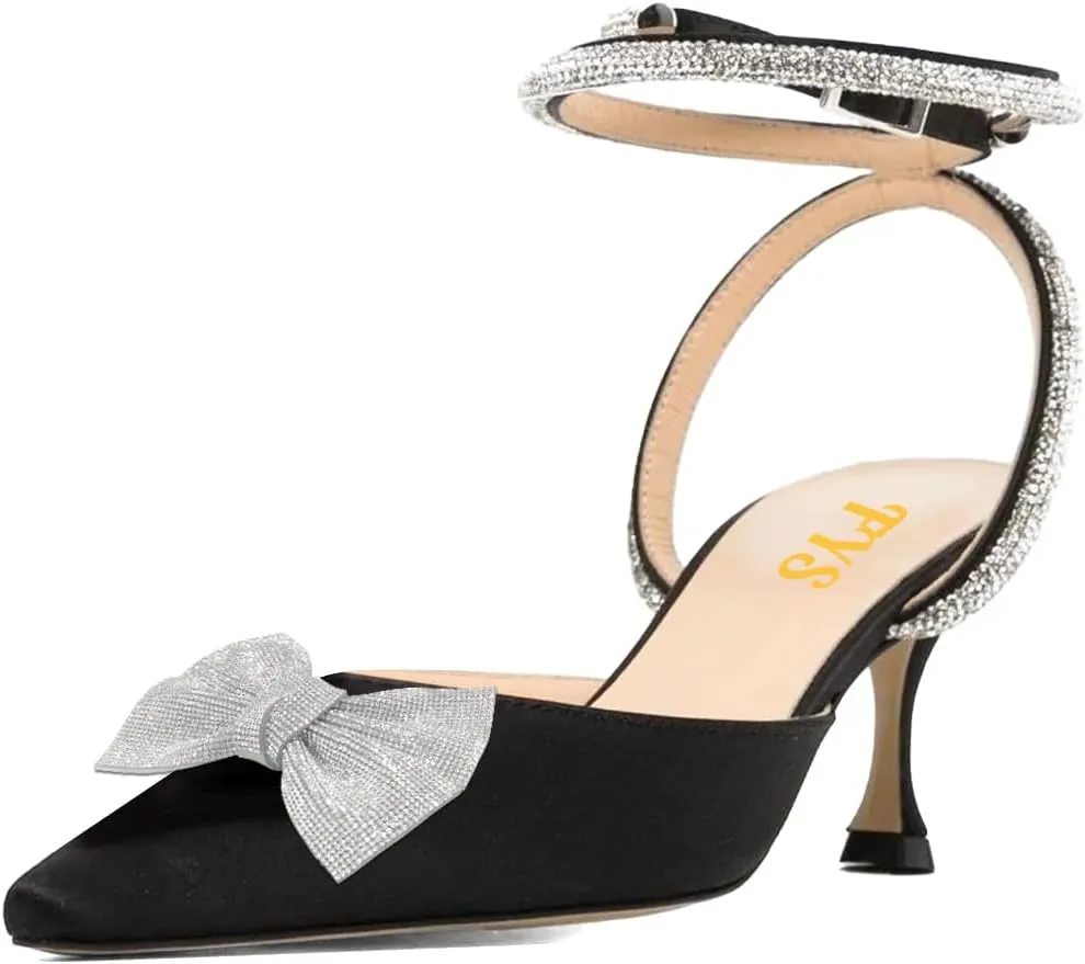 FYS Women Rhinestone Studded Pointed Toe D'Orsays Bowtie Ankle Strap Kitten Low Heel Pumps Sexy Wedding Formal Dress Shoes Size 4-16 US