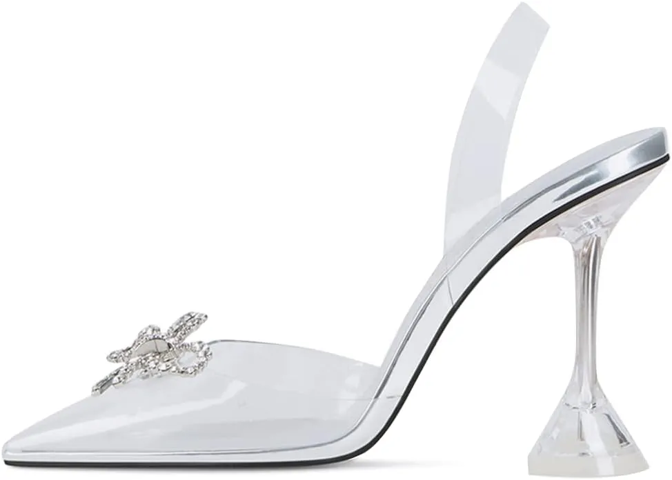 FYS Women Slip on Pointed Toe Slingback Crystal Pumps Special Clear High Heel Dress Sandals Rhinestones Bow Wedding Party Shoes Size 4-15 US