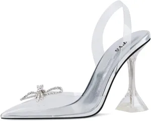 FYS Women Slip on Pointed Toe Slingback Crystal Pumps Special Clear High Heel Dress Sandals Rhinestones Bow Wedding Party Shoes Size 4-15 US