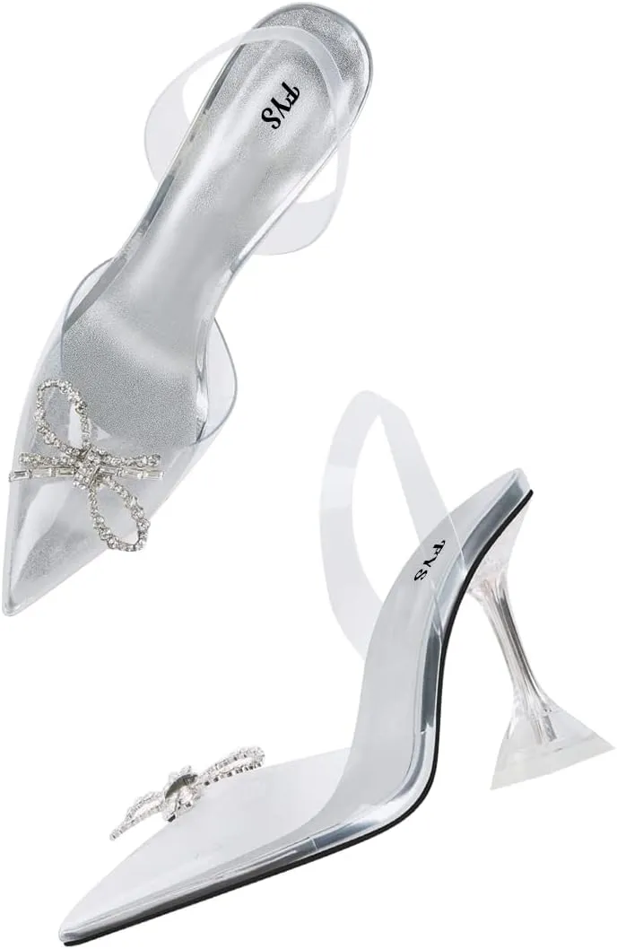 FYS Women Slip on Pointed Toe Slingback Crystal Pumps Special Clear High Heel Dress Sandals Rhinestones Bow Wedding Party Shoes Size 4-15 US