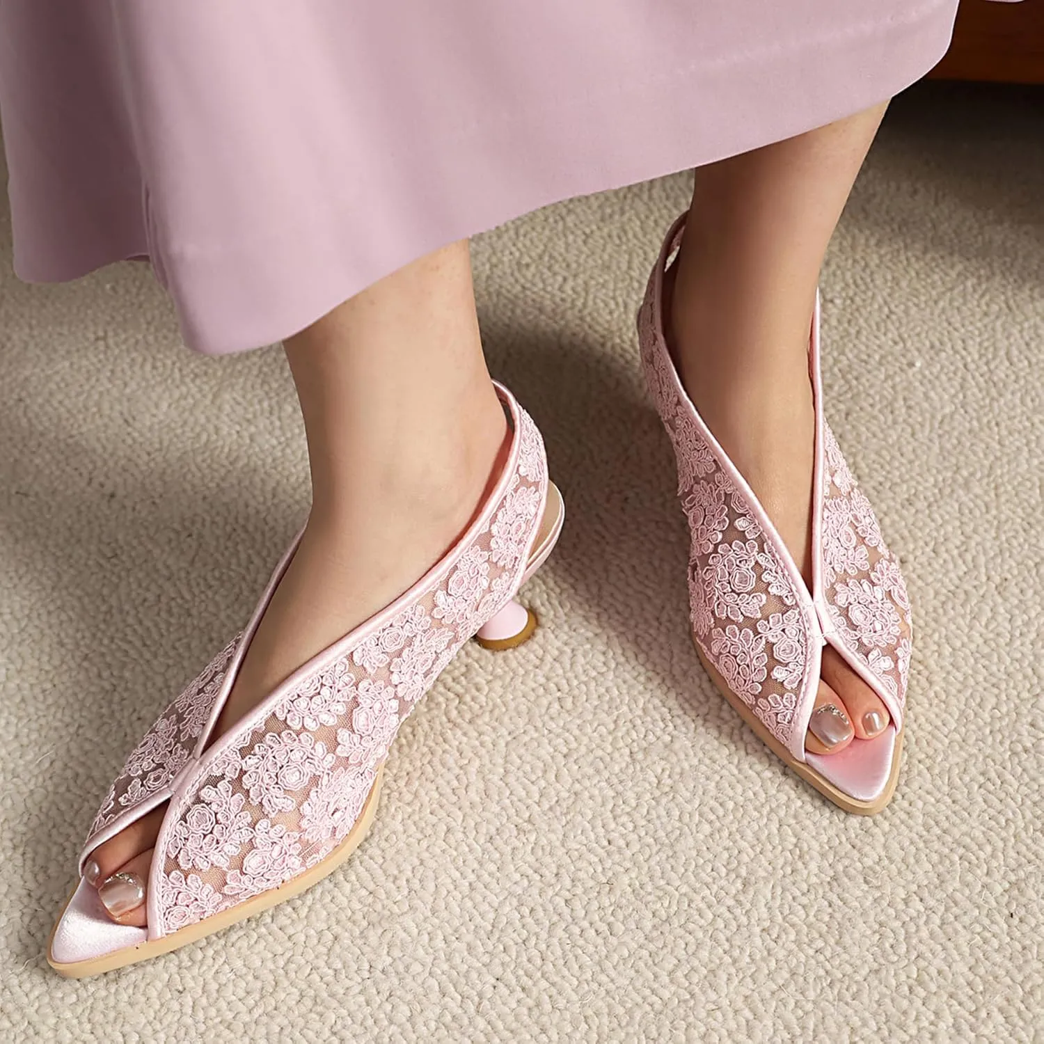 Gicoiz Bride Wedding Low Kitten Heel Peep Toe Slingback Pumps