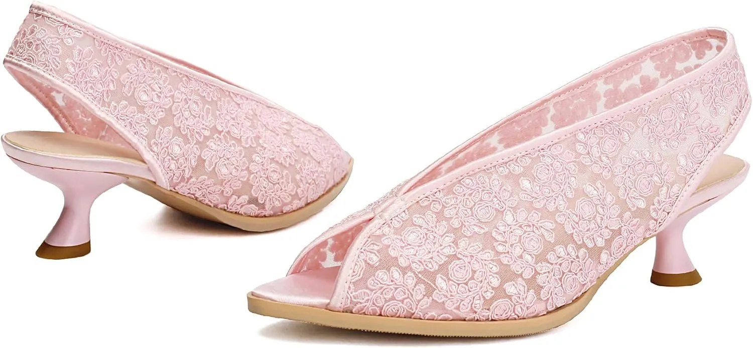 Gicoiz Bride Wedding Low Kitten Heel Peep Toe Slingback Pumps