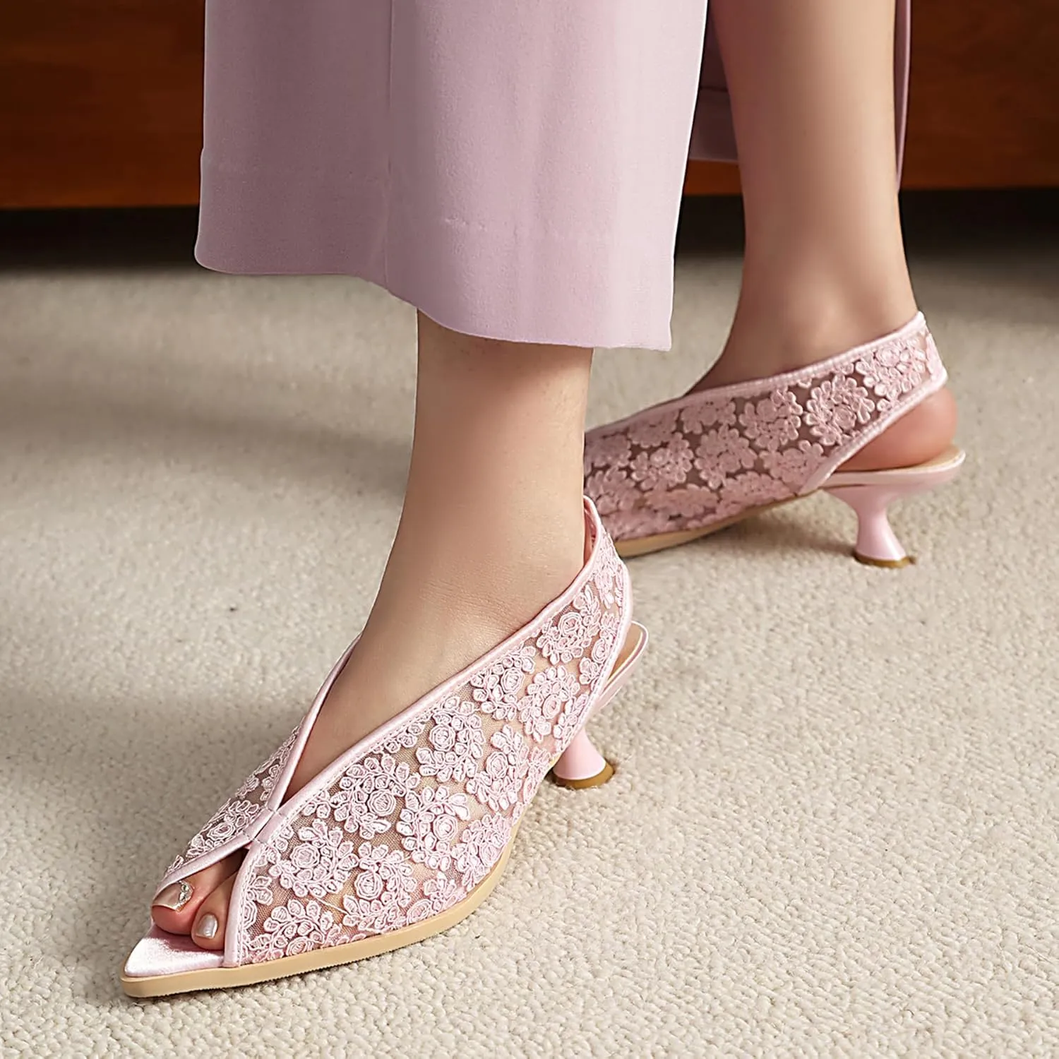 Gicoiz Bride Wedding Low Kitten Heel Peep Toe Slingback Pumps
