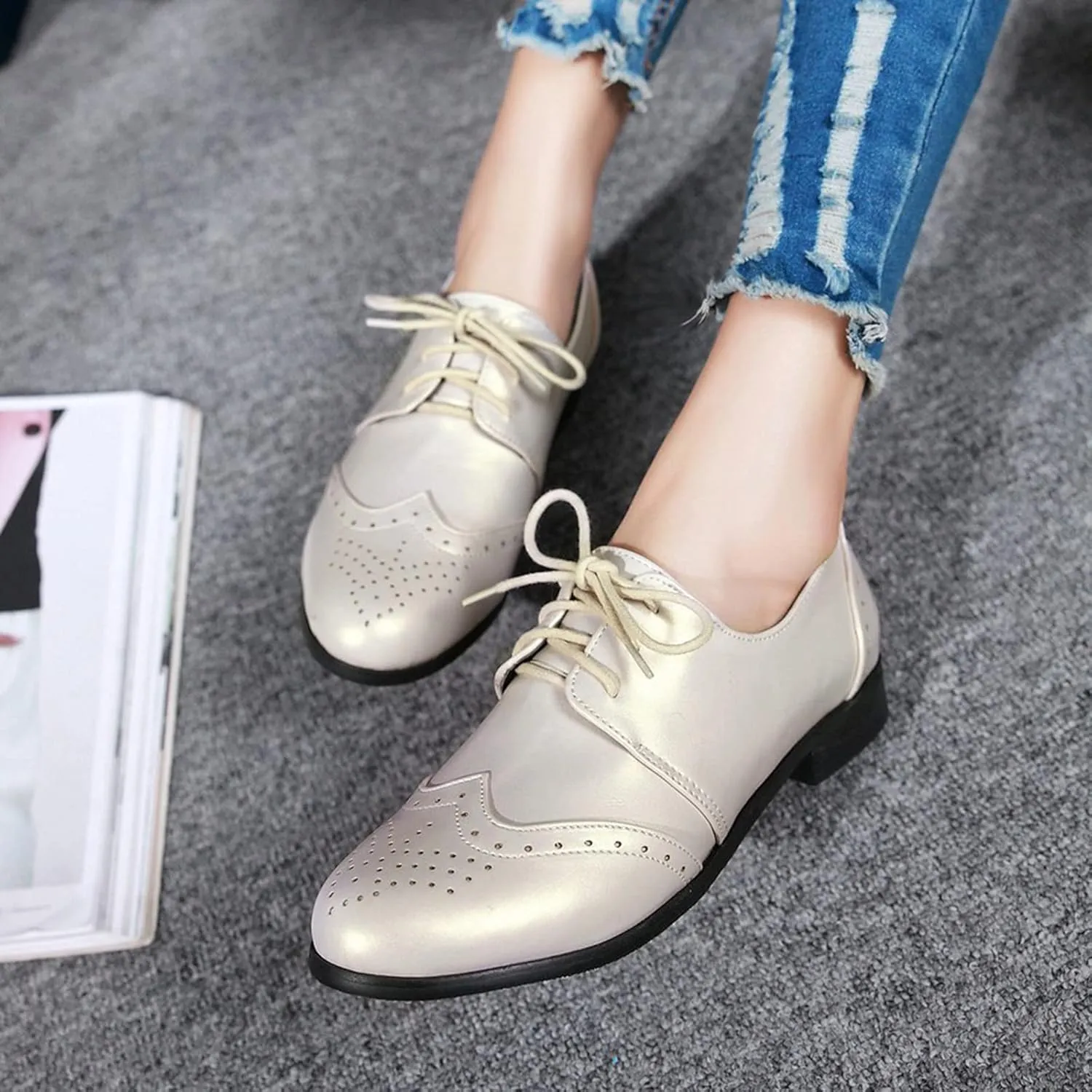 Gicoiz Office Oxfords Womens Lace Up Classic Low Heel Brogue Pumps