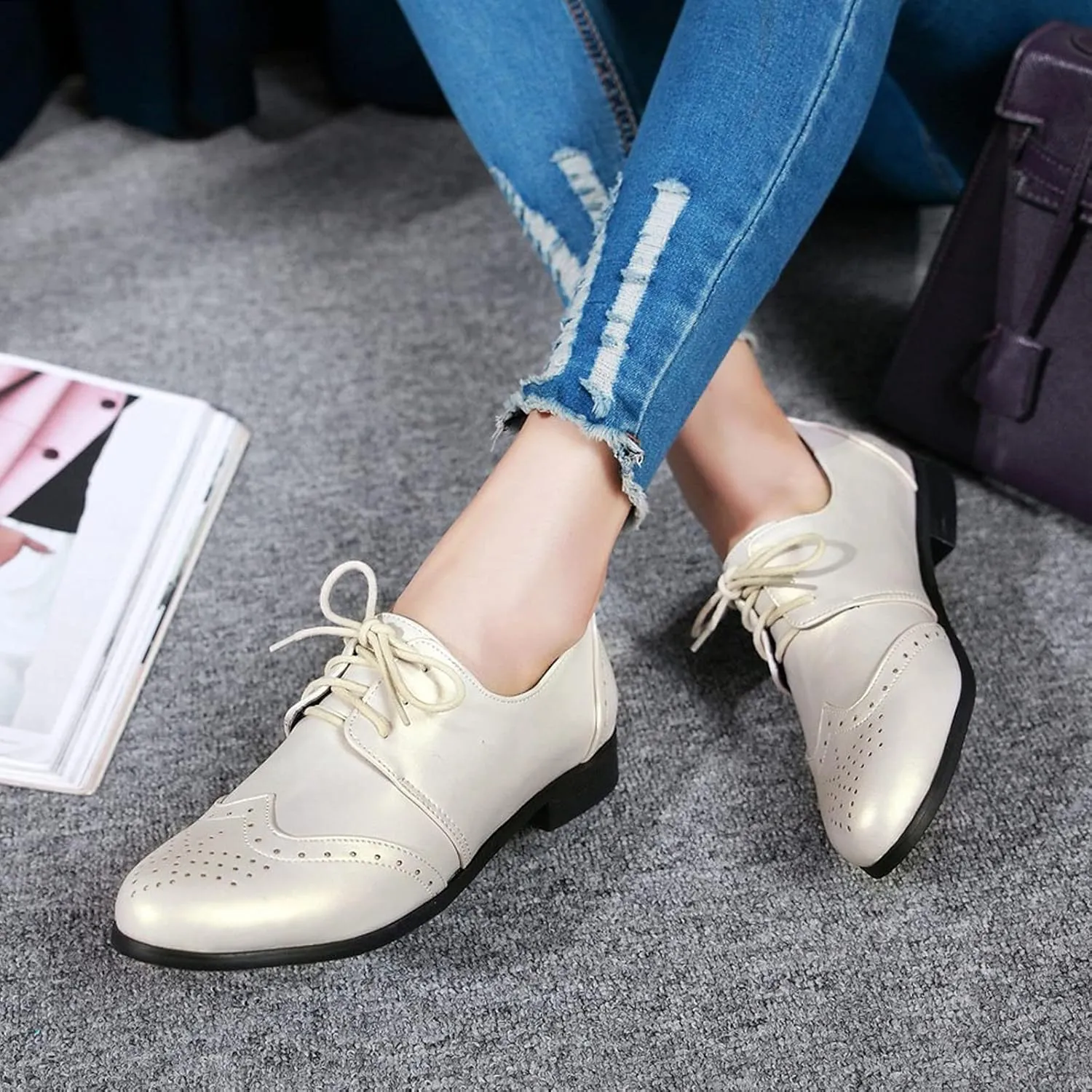 Gicoiz Office Oxfords Womens Lace Up Classic Low Heel Brogue Pumps