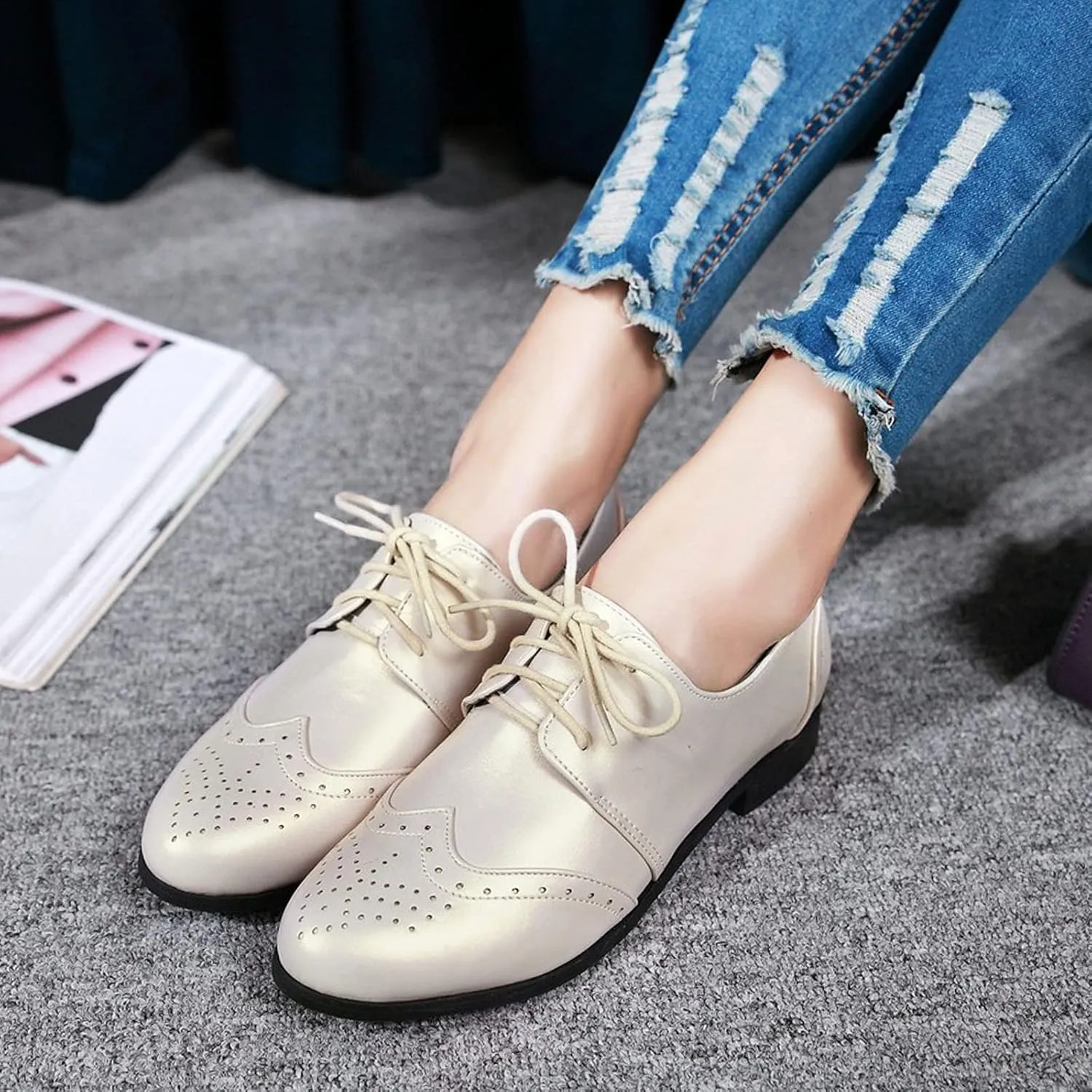 Gicoiz Office Oxfords Womens Lace Up Classic Low Heel Brogue Pumps