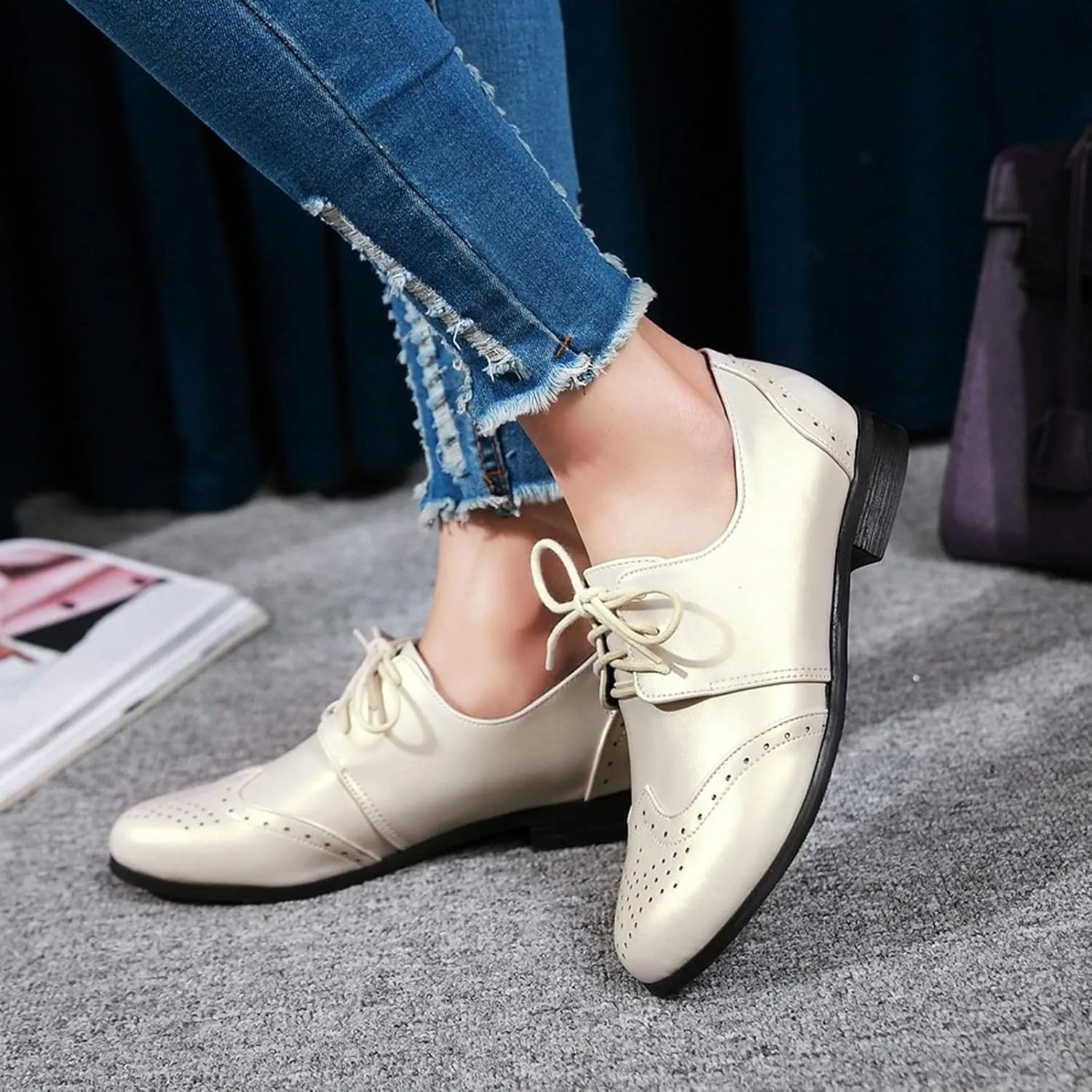 Gicoiz Office Oxfords Womens Lace Up Classic Low Heel Brogue Pumps