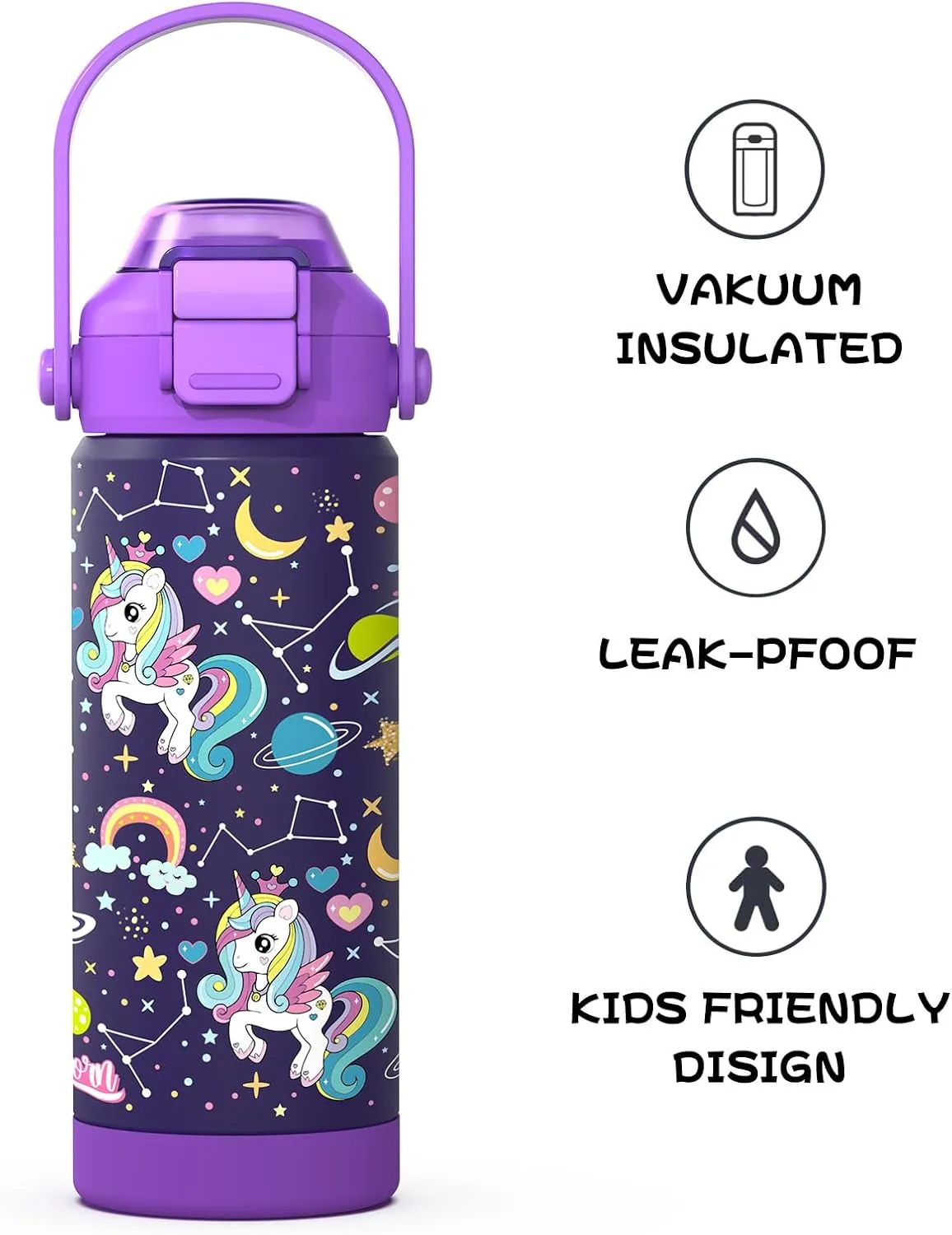 Girls Insulated Water Bottle with Pop-Open Straw & Spout 2-in-1 Lid,18oz Kids Cups with Stainless Steel Leak Proof for School Travel Boys Girls（Unicorn）