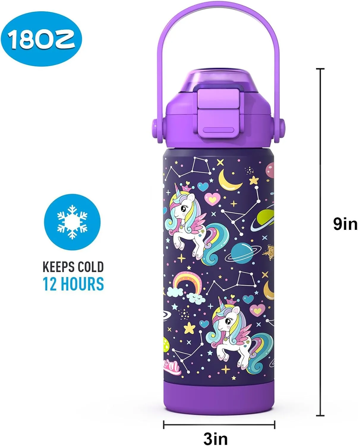 Girls Insulated Water Bottle with Pop-Open Straw & Spout 2-in-1 Lid,18oz Kids Cups with Stainless Steel Leak Proof for School Travel Boys Girls（Unicorn）