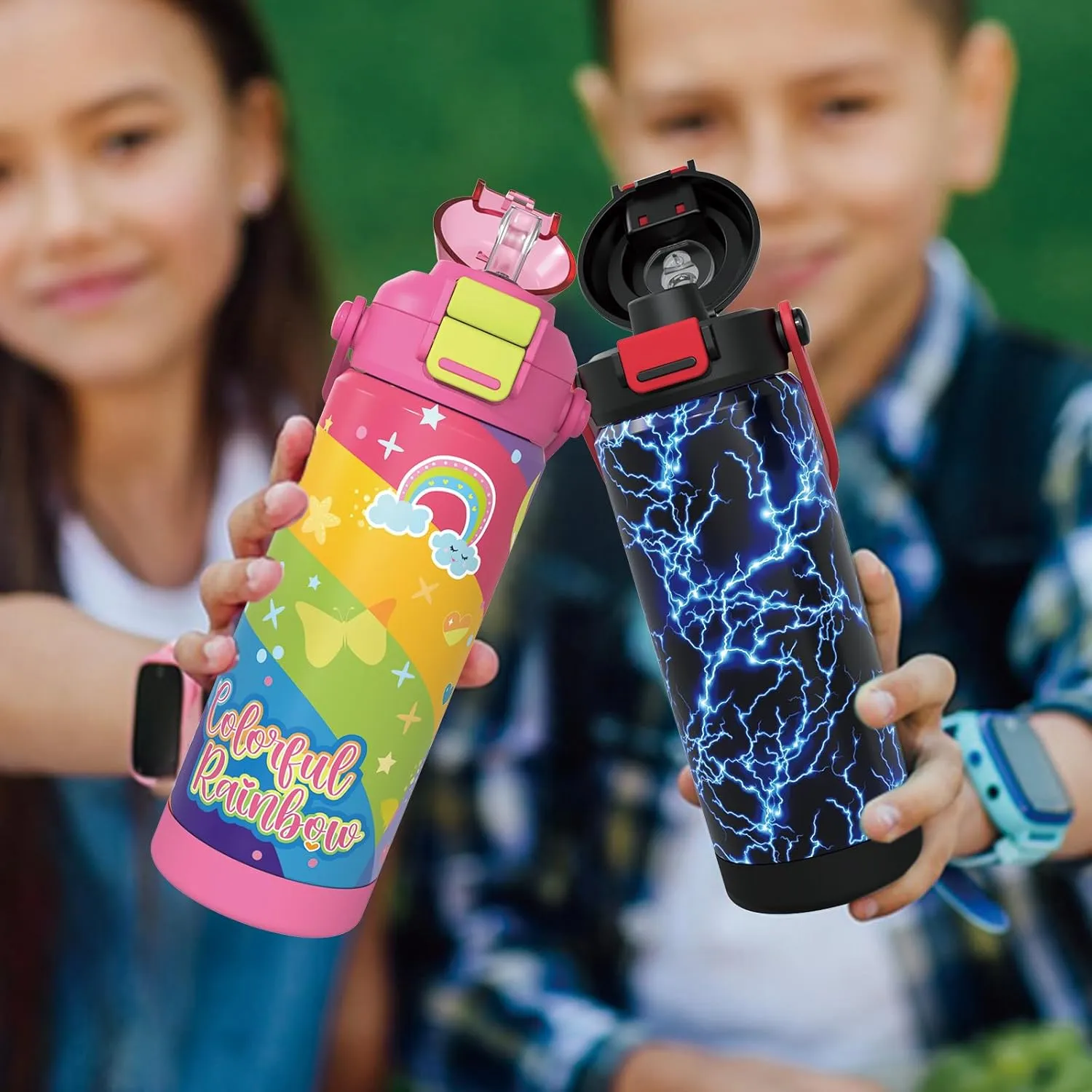 Girls Insulated Water Bottle with Pop-Open Straw & Spout 2-in-1 Lid,18oz Kids Cups with Stainless Steel Leak Proof for School Travel Boys Girls（Unicorn）