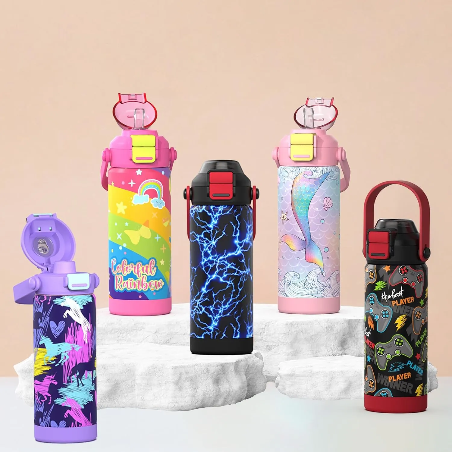 Girls Insulated Water Bottle with Pop-Open Straw & Spout 2-in-1 Lid,18oz Kids Cups with Stainless Steel Leak Proof for School Travel Boys Girls（Unicorn）
