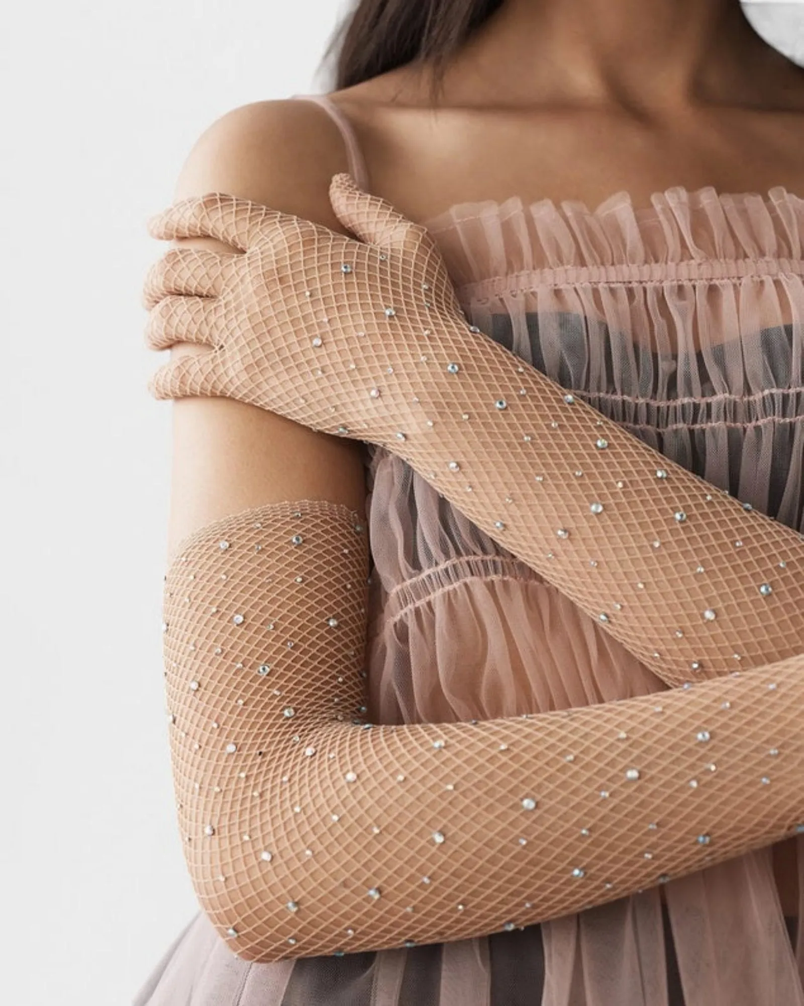 Glitter Fishnet Opera Glove - Nude