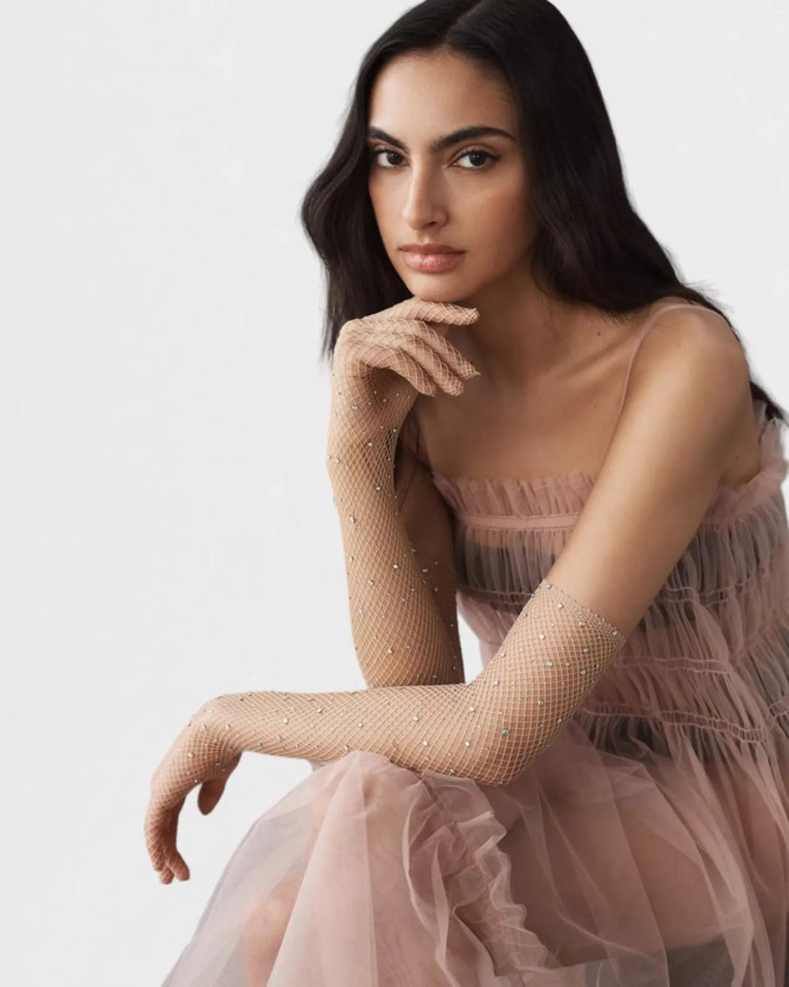 Glitter Fishnet Opera Glove - Nude