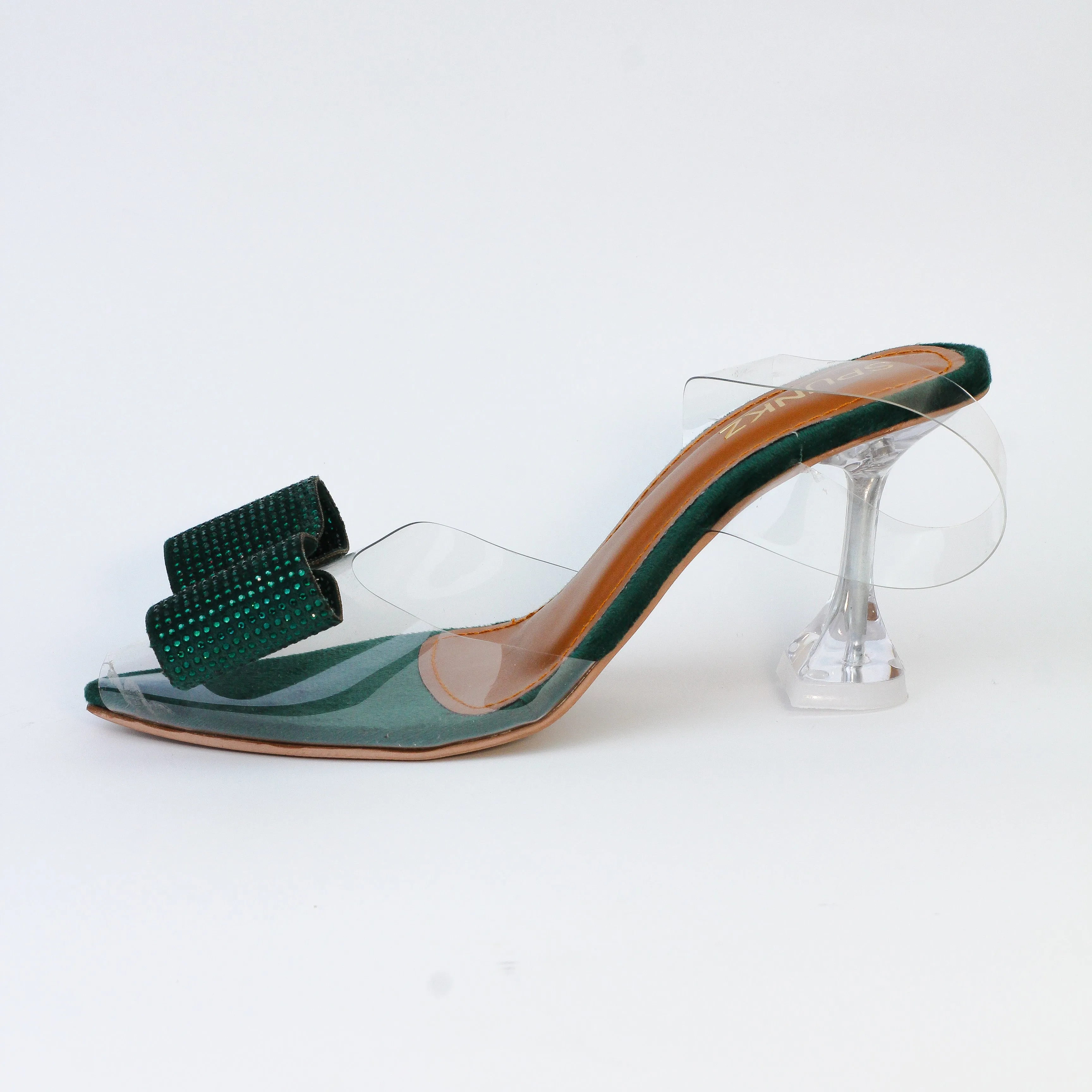 Green Romeo Crystal Bow Transparent Cinderella Heels-11085