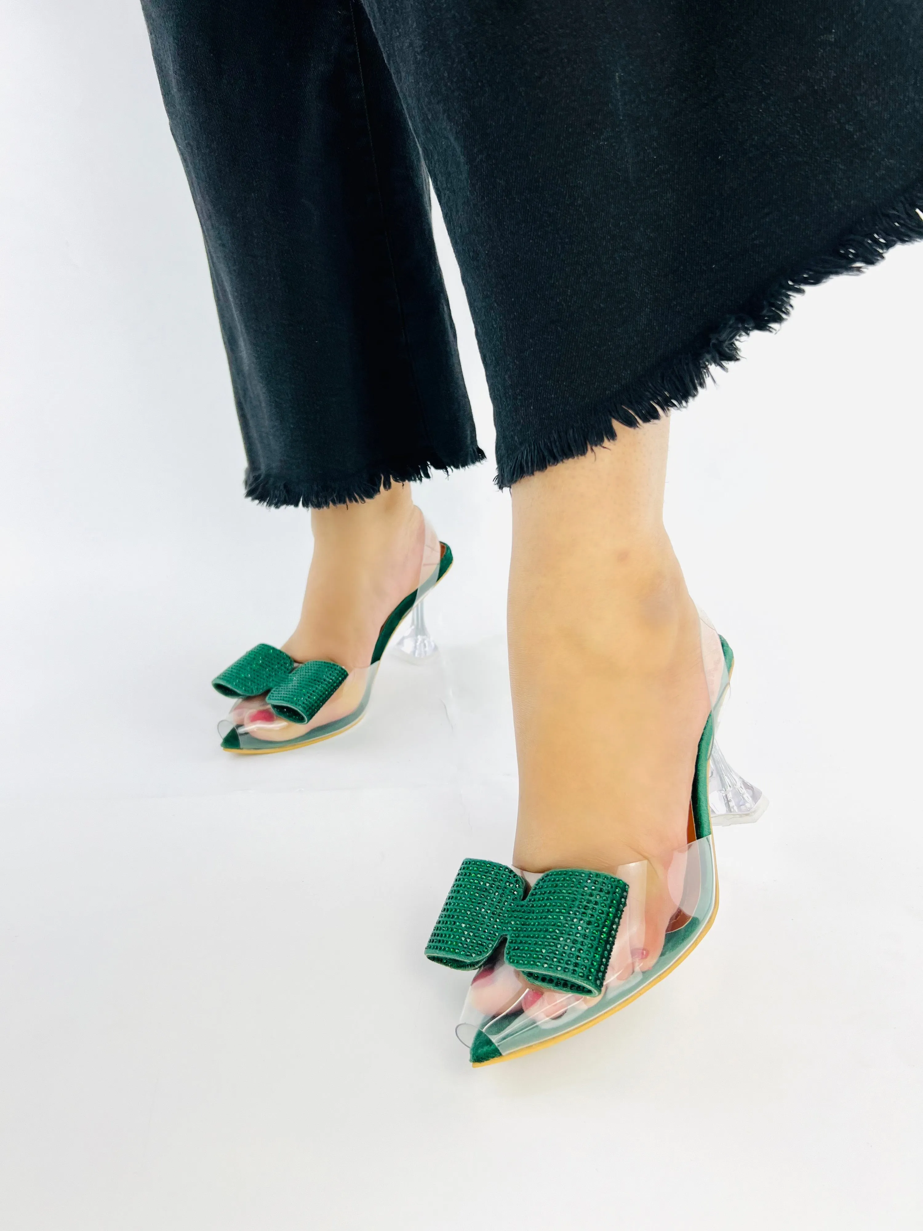 Green Romeo Crystal Bow Transparent Cinderella Heels-11085