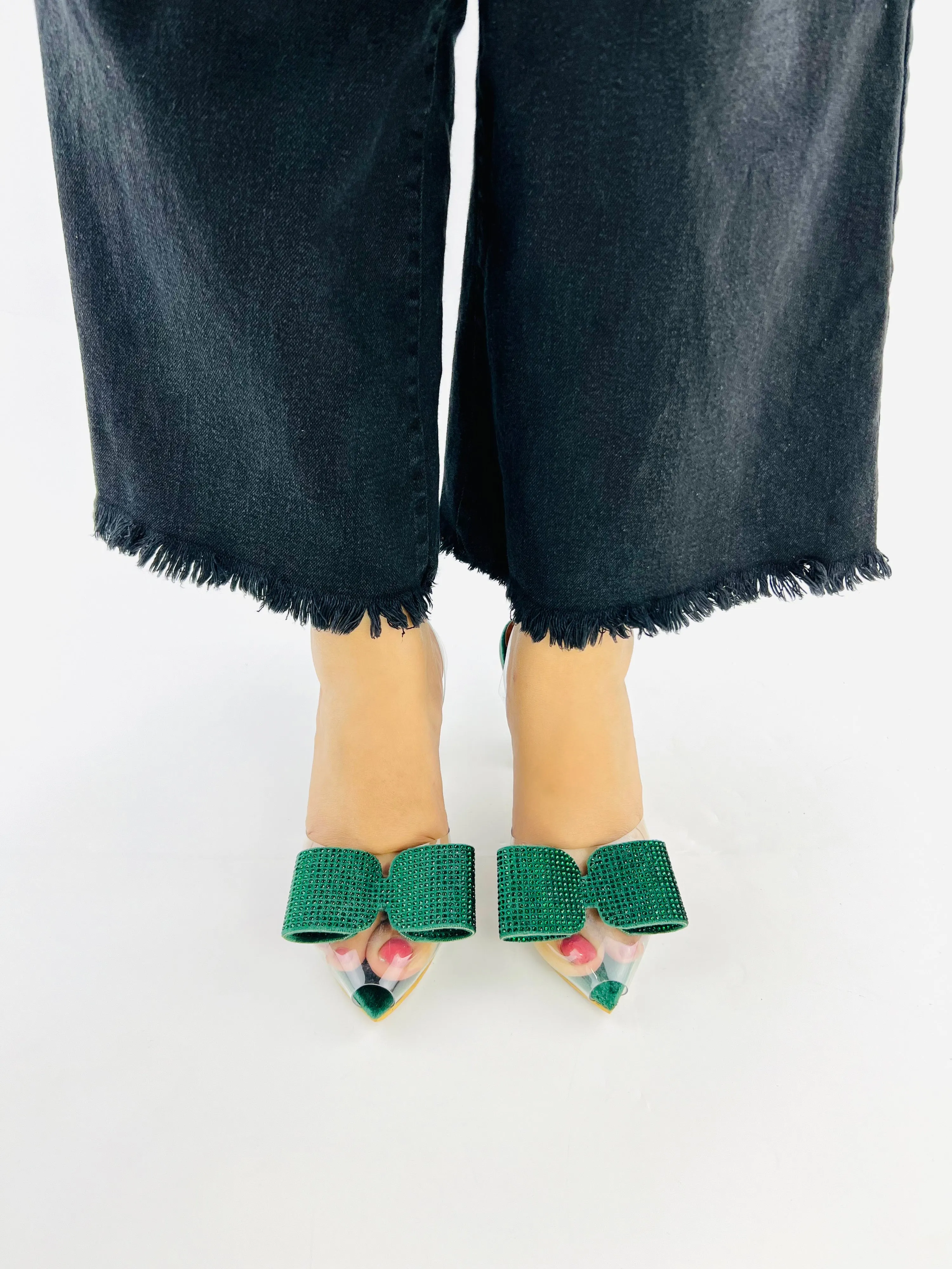 Green Romeo Crystal Bow Transparent Cinderella Heels-11085