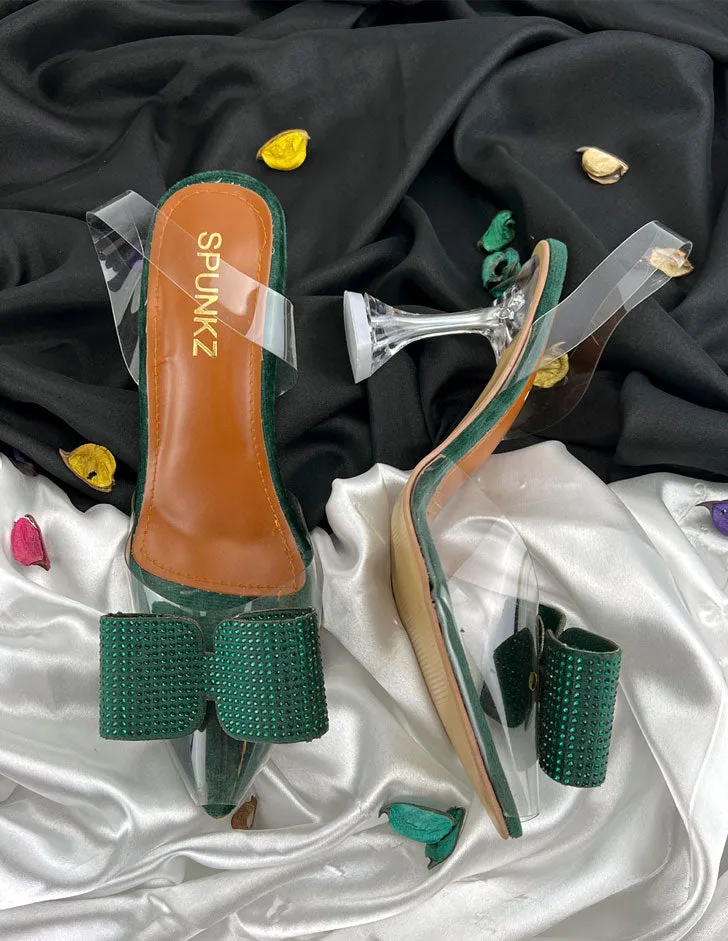 Green Romeo Crystal Bow Transparent Cinderella Heels-11085