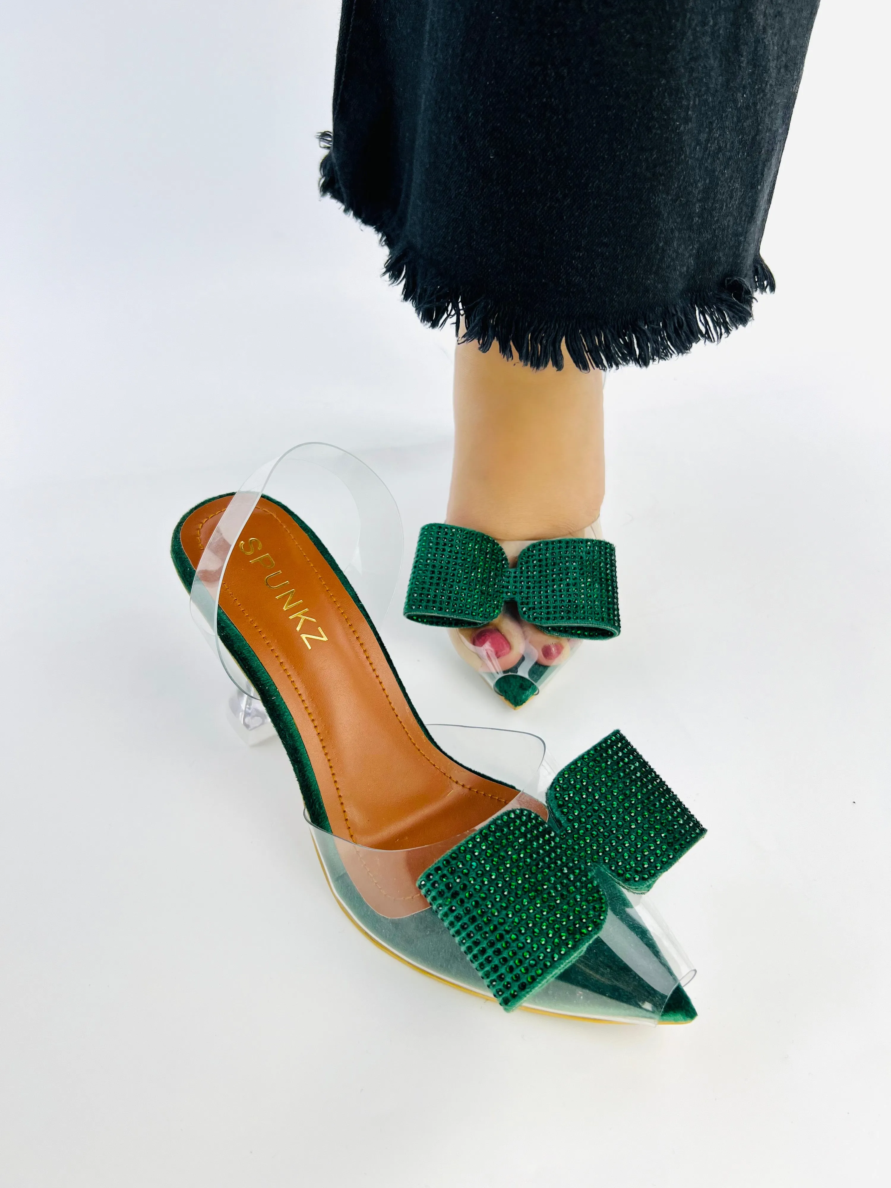 Green Romeo Crystal Bow Transparent Cinderella Heels-11085