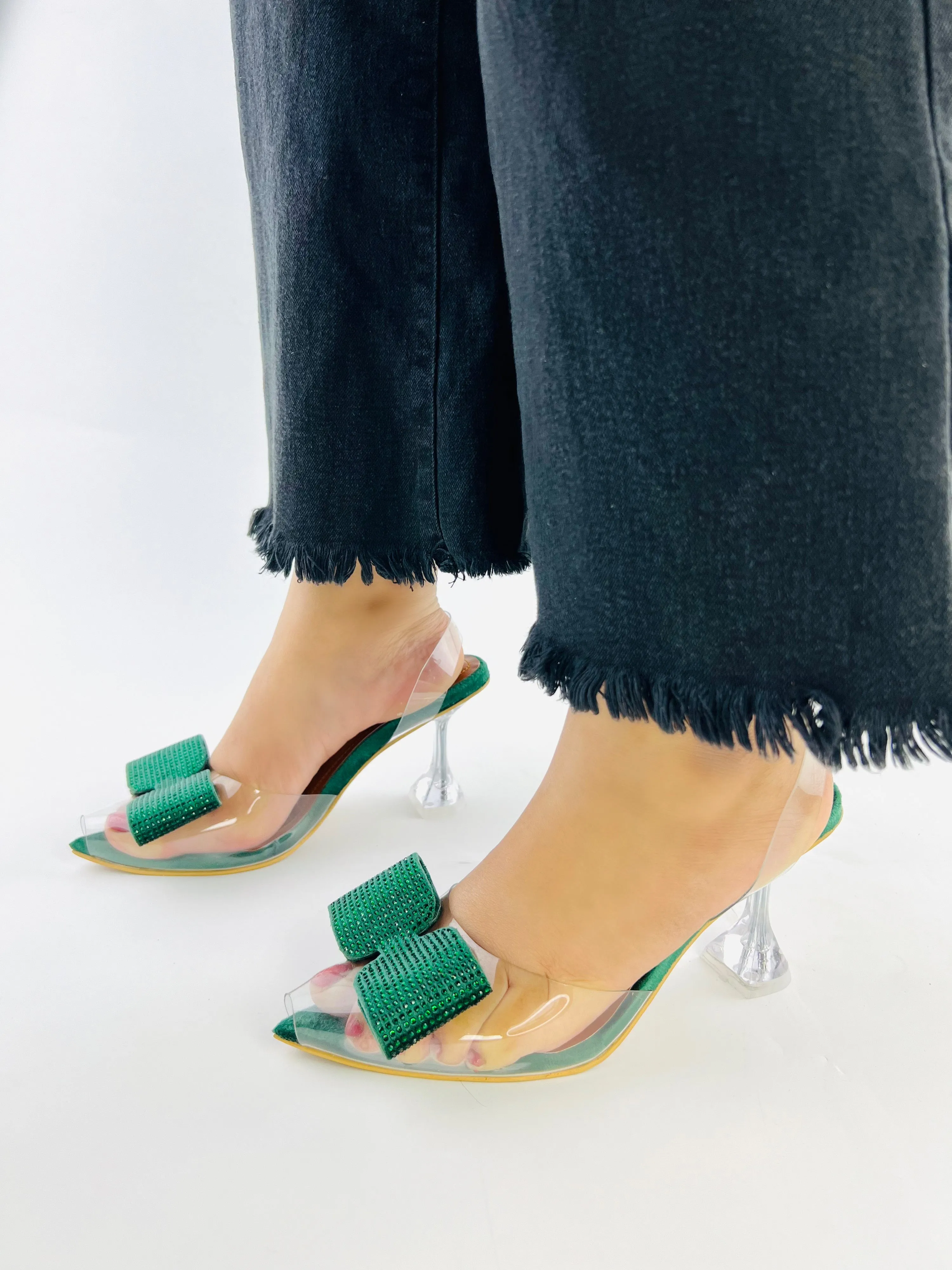 Green Romeo Crystal Bow Transparent Cinderella Heels-11085